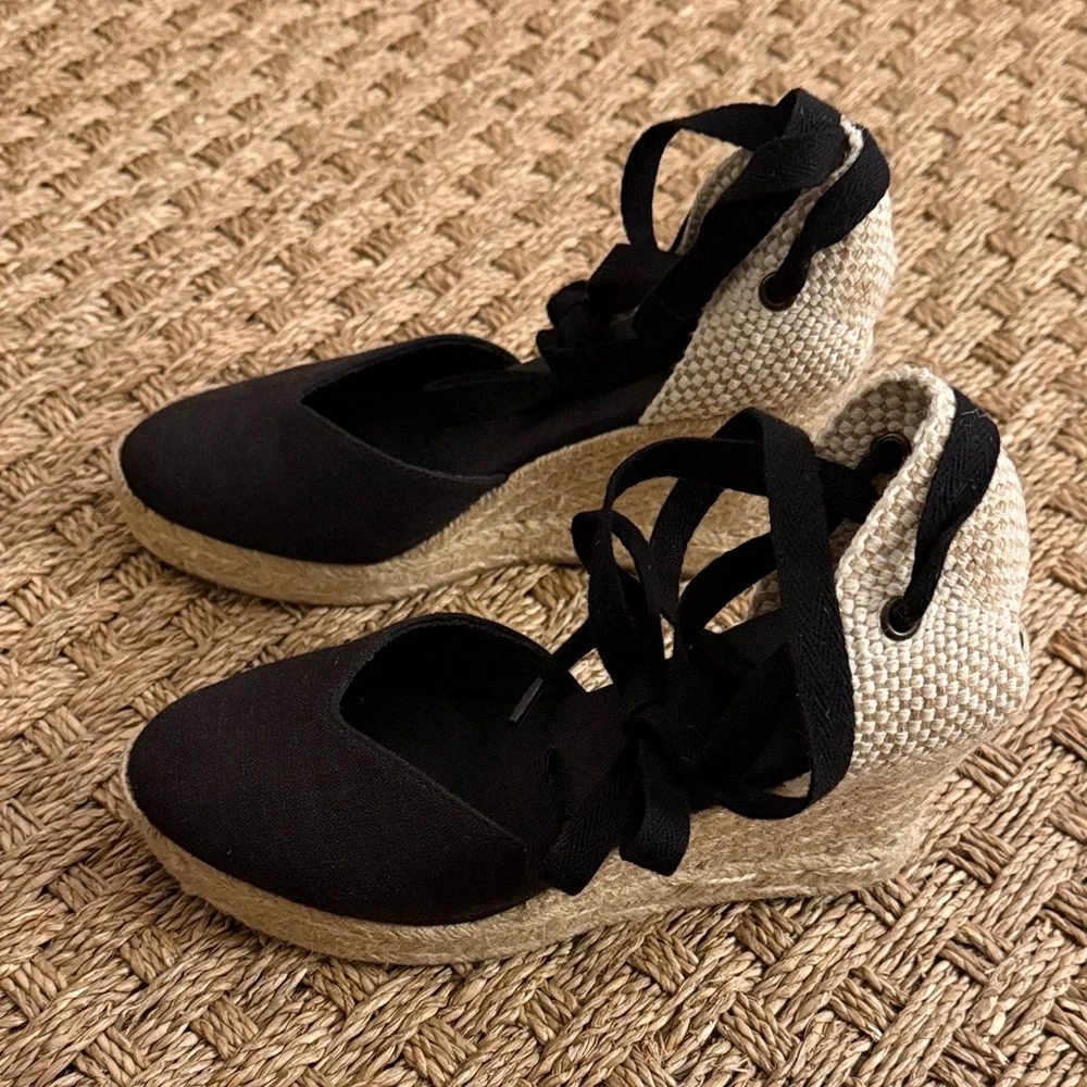 Soludos Black Espadrille Wedge Shoes - Picture 4 of 13